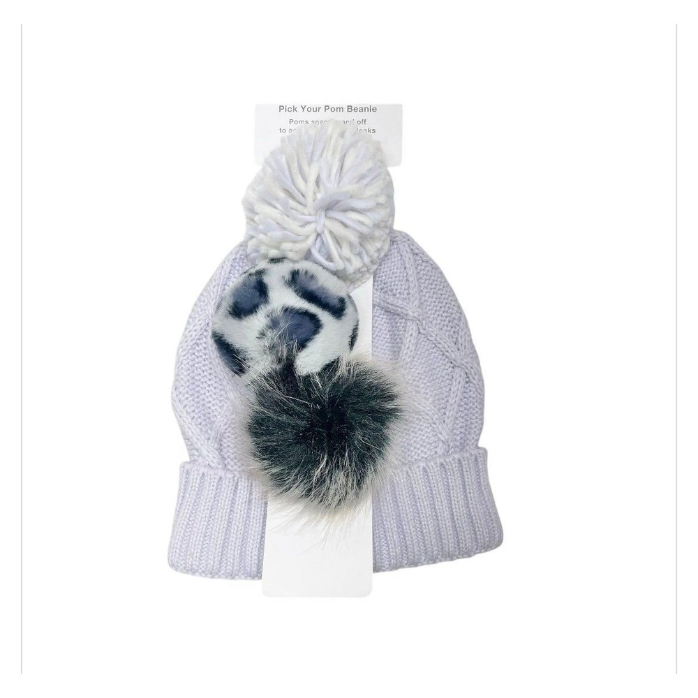 Ladies cable hat knitted beanie w 3 detachable faux fur pom poms lavender